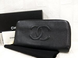 ◆美品◆CHANEL シャネル◆キャビアスキン レザー 本革◆ラウンドファスナー長財布◆ブラック G金具◆ココマーク◆イタリア製◆A8815