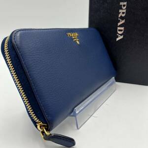 1円●美品・付属品有●PRADA プラダ 長財布 ラウンドファスナー ジッピーウォレット レザー 本革 シボ ネイビー メンズ 男女兼用 ロゴ