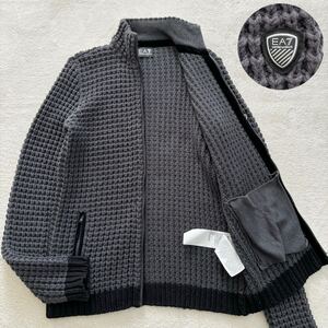 極美品 EMPORIO ARMANI エンポリオアルマーニ【ワッフル生地 ロゴワッペン ストレッチ素材】ドライバーズニット ブルゾン 黒 グレー 1円