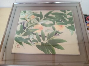 #592 阪口一草 「寿桃」F8 額装 花 日本画 絵画 真作