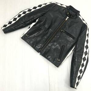 ■ VANSON バンソン ■ 上質 本革 レザー ダイヤライン ワッペン スタンドカラー シングル ライダース ジャケット ブラック×ホワイト 42