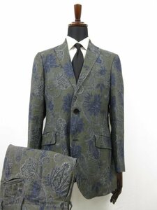 HH美品 【エトロ ETRO】 SUPERLEGGERA 麻100％ 裏地シルク 2ボタン スーツ (メンズ) size48 グレー系 ペイズリー柄 イタリア製 ●27HR3176