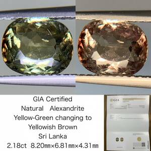 アレキサンドライト　2.18ct　Sri Lanka　GIA宝石鑑別書付き　Yellow-Green changing to Yellowish Brown　8.20×6.81×4.31 　1507Y