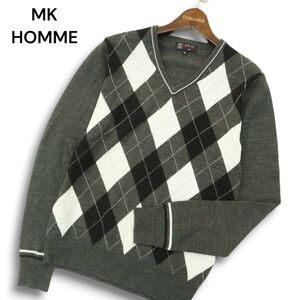 MK HOMME ミッシェルクラン オム 秋冬 ウール混★ アーガイル柄 Vネック ニット セーター Sz.46　メンズ グレー　A4T10629_A#K