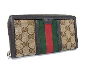 1円 GUCCI グッチ 406754 2067 シェリーライン GG柄 キャンバス×レザー ラウンドファスナー 長財布 ウォレット ブラウン系 FF1698