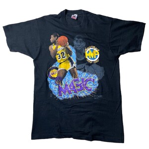 希少! 90s USA製 Magic Johnson マジックジョンソン Los Angeles Lakers ヴィンテージ フォトプリント 半袖 Tシャツ ブラック 黒 L メンズ