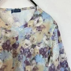 Venficello（フリー）七分袖Tシャツ　ブルー　花柄　総柄