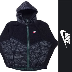 新品 NIKE FULL ZIP JACKET ナイキ フルジップ ジャケット パーカー ブラック グリーン フリース ナイロン フード スウッシュ L 正規品