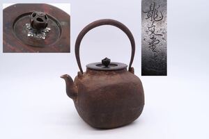 龍文堂 造 四方形 小振 鉄瓶 銅蓋 在銘 煎茶道具 湯沸 急須 金属工芸 時代物 