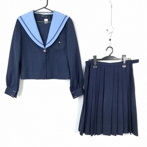 1円 セーラー服 スカート 上下2点セット 冬物 青2本線 女子 学生服 中学 高校 紺 制服 中古 ランクC EY1264