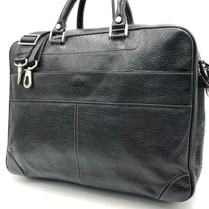 1円【極美品】HUGOBOSS ヒューゴボス 2way ビジネスバッグ 2層式 A4 斜め掛け ブリーフケース 通勤 オールレザー 本革 ブラック 黒 メンズ