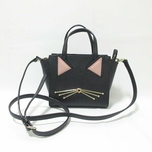 美品 kate spade new york ケイトスペード ネコ ビジュー装飾 レザー 2way ハンドバッグ ショルダーバッグ ブラック 034 ◆