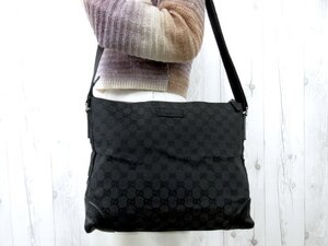 極美品 GUCCI グッチ GGキャンバス ショルダーバッグ バッグ キャンバス×レザー 黒 A4収納可 メンズ 80205