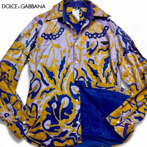 希少柄/Lサイズ●ドルチェ&ガッバーナ DOLCE&GABBANA 長袖 シャツ パッチワーク ボタニカル コットン ネイビー 紫 イタリア製 メンズ