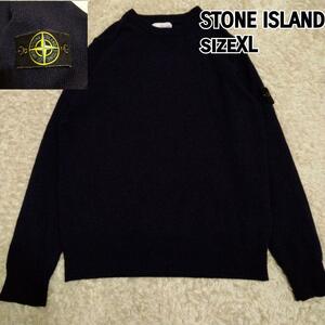 １円〜　STONE ISLAND ストーンアイランド XL クールネック ウール ニット 腕章 ワッペン ダークネイビー 紺 長袖 　メンズ　大きサイズ