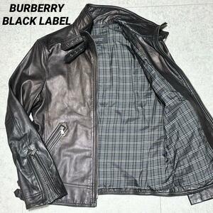 1円 美品 BURBERRY BLACK LABEL 羊革 シングルライダース 黒系 ノバチェック