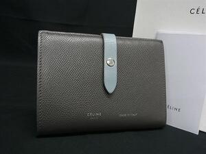 1円 CELINE セリーヌ ミディアムストラップウォレット レザー 二つ折り 財布 ウォレット 札入れ 小銭入れ グレー系×ブルー系 FL1063