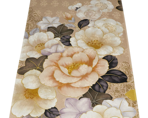 1533番 　新品　正絹　振袖用端切れ　約98cm　紗綾形に花の地模様入　ミルクココア色に椿と梅の花模様