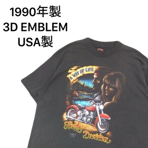 特大XL 90s USA製 3D EMBLEM HARLEY DAVIDSON バイク インディアン プリント 半袖Tシャツ ハーレーダビッドソン ビンテージ 80s 240703