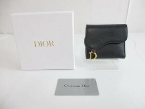 美品 クリスチャンディオール Christian Dior サドル サフィアーノレザー ロータスウォレット 三つ折り財布 ブラック