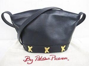 Paloma Picasso パロマピカソ レザー ショルダーバッグ ポシェット ネイビー 紺 ゴールド金具 イタリア製 ◇07