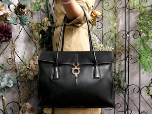 ●超美品●Salvatore Ferragamo フェラガモ●ガンチーニ●ピッグスキン レザー 本革●トート ショルダー バッグ●黒●G金具●A4●Js53736