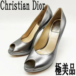 SH06【極美品】Christian Dior クリスチャンディオール パンプス 35.5 オープントゥ ハイヒール ロゴ金具 シルバー