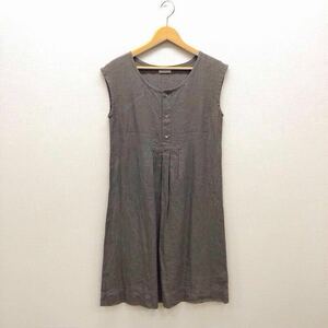 【ち052】fog linen work リネンワンピース グレー ノースリーブ 膝丈 無地 麻100% タック入り ブランド古着 フォグリネンワーク 送料無料