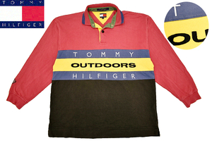 Y-6625★美品★TOMMY HILFIGER トミーヒルフィガー OUT DOORS★大きなロゴ マルチカラー 長袖 トレーナー ポロシャツ ラガーシャツ Ｌ 