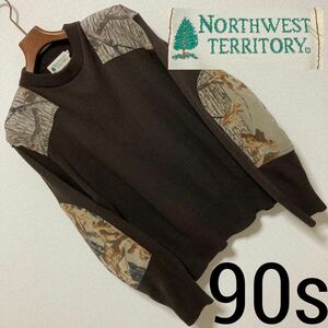 90s■NORTHWEST TERRITORY■リアルツリーパッチニットセーター M ブラウン ショルダーパッチ エルボーパッチ ミリタリー オールド Vintage