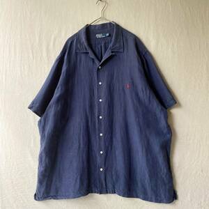 【リネン×シルク】90s Polo Ralph Lauren オープンカラー シャツ / XXL ヘリンボーン ボックス ビンテージ USA 半袖 T3-04038-2574 sale