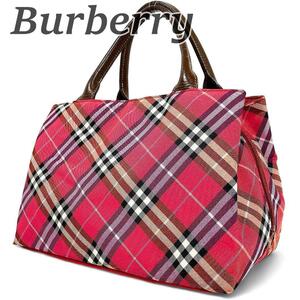 Burberry LONDON バーバリー ブルーレーベル ハンドバッグ ノバチェック 仕切りバッグ 赤 手提げ レディース 大容量 普段使い お出掛け