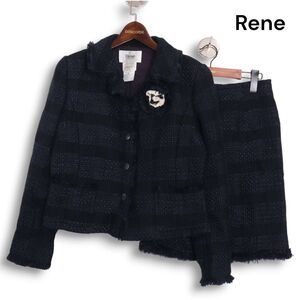 Rene ルネ 秋冬 伊製 TISSUE生地♪ ツイード ジャケット & スカート 上下セットアップ スーツ Sz.38　レディース ネイビー　K4T01877_B#N