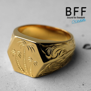 BFF ブランド パームツリー 印台リング ラージ ごつめ ゴールド 18K GP 金色 手彫り 彫金 専用BOX付属 (19号)