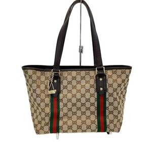 グッチ（GUCCI）シェリーライン トートバッグ1373696 467891 ブラウン GGキャンバス×レザー チャーム付き 角破れあり 【中古】KB-8332