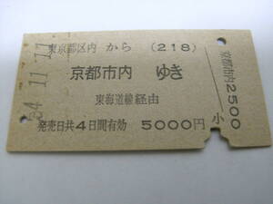 東海道本線　東京都区内(218)から京都市内ゆき　東海道線経由　昭和54年11月11日　東京駅発行　国鉄