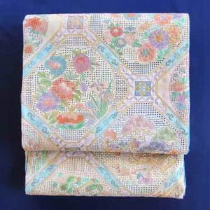 【新品】【手織り】【お仕立付き】 すわとう刺繍 袋帯 花丸菱文 白地 パーティ お出掛け 結婚式 訪問着 紬 帯 未仕立て 汕頭 スワトウ