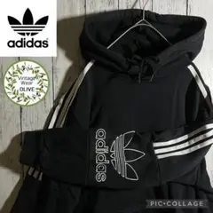 adidas パーカー　刺繍　ビッグロゴ　トレフォイル　L 黒　袖ライン