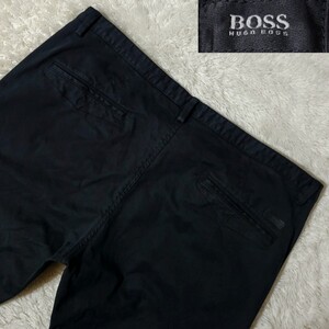 【美品/XXXL相当】 HUGO BOSS ヒューゴボス 近年 黒タグ パンツ ストレッチ ロゴ レザーパッチ ブラック メンズ 大きいサイズ 56 4L 3XL