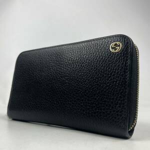 1円〜【美品】 GUCCI グッチ 長財布 ラウンドファスナー レザー ブラック 黒 インターロッキング GG メンズ ウォレット