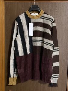 46新品 MARNI メンズ モヘア ニット カラーブロック ボーダー セーター 18AW size 46 S マルニ マルチカラー バーガンディー