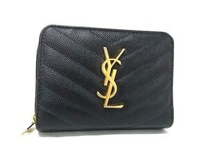 1円 ■極美品■ YVESSAINTLAURENT イヴサンローラン レザー 二つ折り 財布 ウォレット レディース ブラック系 BI8930