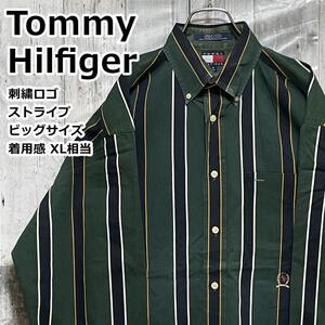 Tommy Hilfiger トミーヒルフィガー ストライプ 刺繍ロゴ 緑×黒×白 XL相当 長袖シャツ 90s