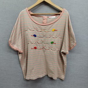 I1070 Ne-net ネネット 半袖 Tシャツ カットソー 2 ピンク グレー S ヘビ ボーダー 刺繍 バック ボタン ラウンドネック カジュアル