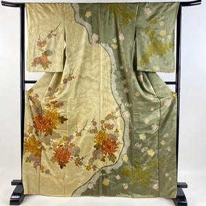 訪問着 身丈169cm 裄丈64.5cm M 袷 菊 枝梅 刺繍 金彩 ベージュ 正絹 秀品 【中古】