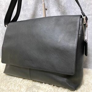 1円～ 極美品 COACH コーチ ショルダーバッグ サリバン A4 ビジネス ブラック レザー 通勤 メンズ クロスボディ メッセンジャー ロゴ型押し