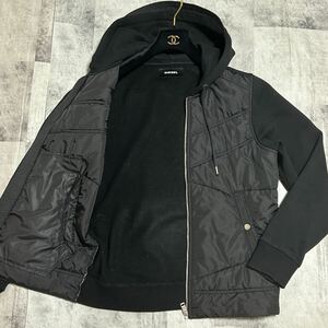 美品/L相当★ディーゼル DIESEL 袖切替 中綿入り キルティング ハイブリッド ジャケット ジップ パーカー ブルゾン ロゴプレート ブラック