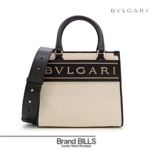 未使用品 BVLGARI ブルガリ ロゴ スモールトート ハンドバッグ ショルダーバッグ 2way 290999 レザー キャンバス ブラック ベージュ