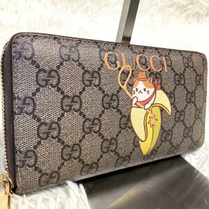 極美品/希少●GUCCI グッチ メンズ レディース 長財布 ラウンドファスナー ばなにゃコラボ レザー×GGスプリーム ベージュ 701060 525040