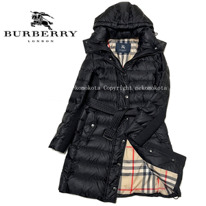 美品 バーバリー ロンドン 裏地チェック ベルト付き フード ロング ダウン コート 40 黒 ブラック レディース BURBERRY LONDON